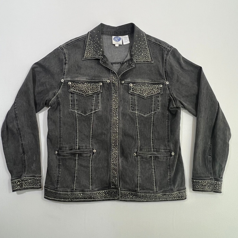 DG2 Diane Gilman Black Denim Jacket Womens M Rhinestone Stud Embellished Stretch